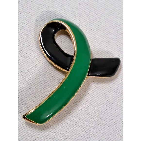Green and Black Enamel Ribbon Lapel Pin Awareness Commemorative - Picture 1 of 4
